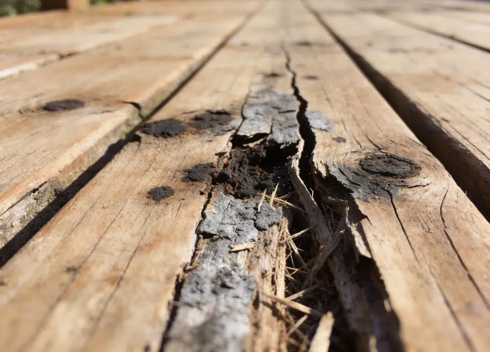 Cracked And Rotting Wooden Deck Board With Visible Moisture Damage