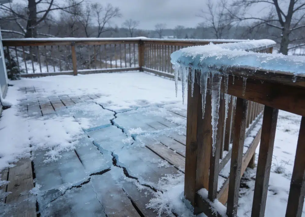 Ice And Snow On A Wooden Deck During Winter Freeze-Thaw Cycle