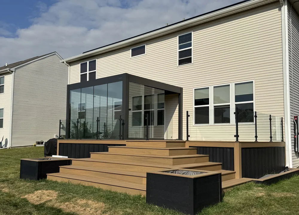 Composite Deck With Glass-Panel Pergola Enclosure